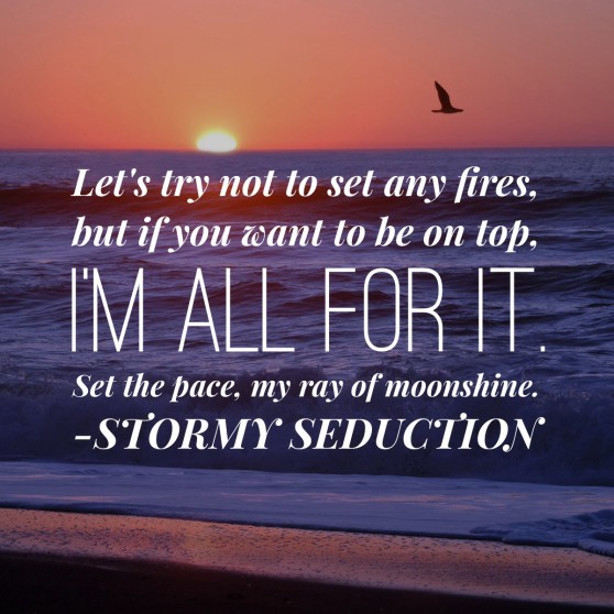 Let's try not to set any fires, but if you want to be on top, I'm all for it. Set the pace, my ray of moonshine. - Stormy Seduction